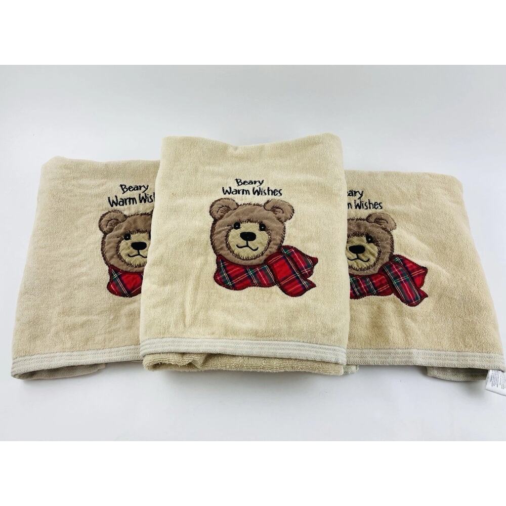 Vintage Christmas Body Towels Set 3 Teddy Bear Tartan Beary Warm Wishes Bathwork